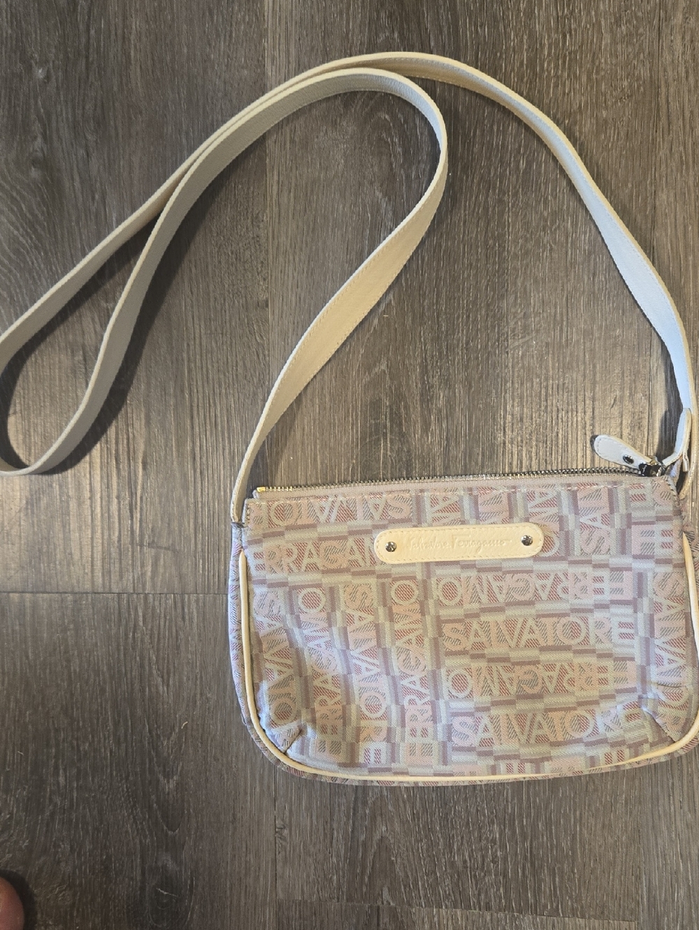 Salvatore Ferragamo Beige Logo Crossbody Pouch with Ivory Trim